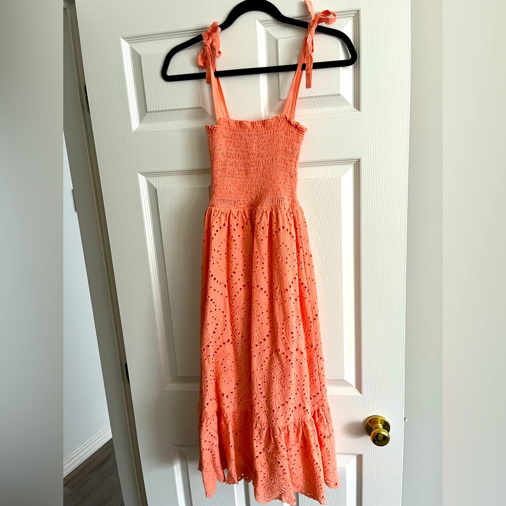 Pink Lily Peach Lace Midi Dress